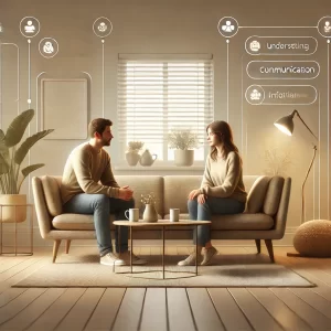 Una pareja sentada en un sofá acogedor, inmersa en una conversación tranquila y significativa.